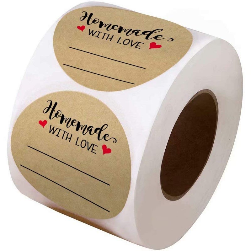 BATTOO 2 Inch Homemade with Love Sticker with Lines for Writing (500 Labels per roll) Brown Kraft Stickers for Canning Labels Jar, Store Owners, Crafts, Organizing, Gift, Price Tags, Envelop Seal - Image 2